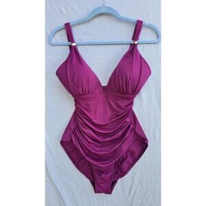 Ralph Lauren Swimsuit Womens Medium Pink One Piece Ruched Padded Tummy Control